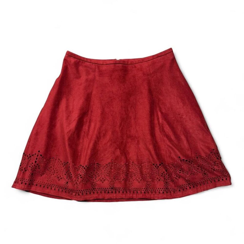 Express Women's Faux Suede Red Skirt with Eyelet Cut Out Trim